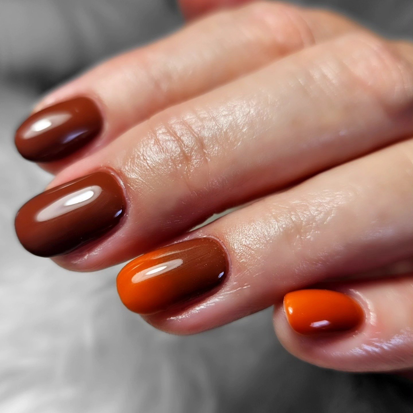 Glossy Chocolate Brown and Orange Nails