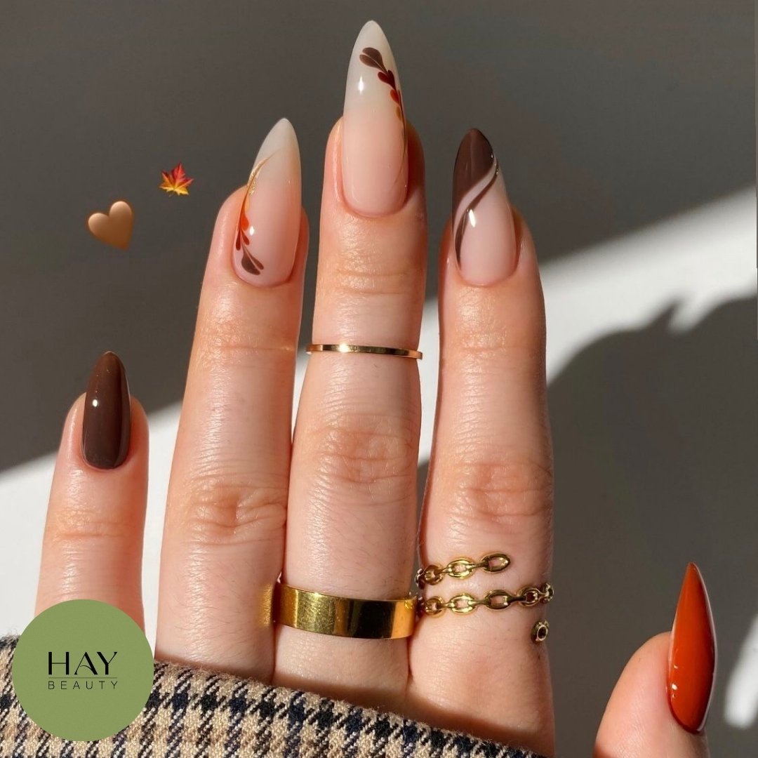 Brown and Orange Almond Nails with Minimal Accents