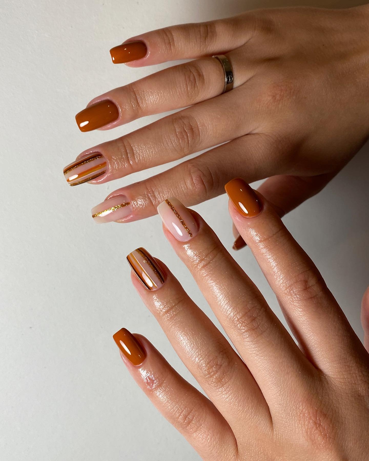 Brown and Orange Mixed French Nail Art