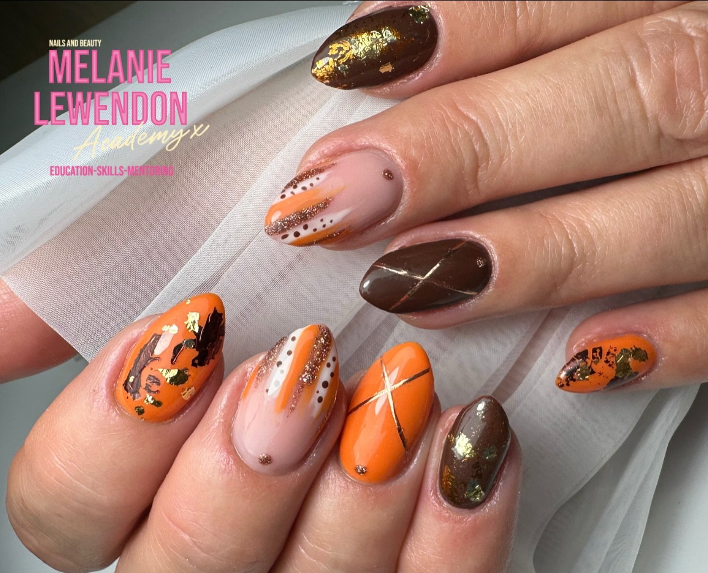 Brown and Orange Checkered Nails