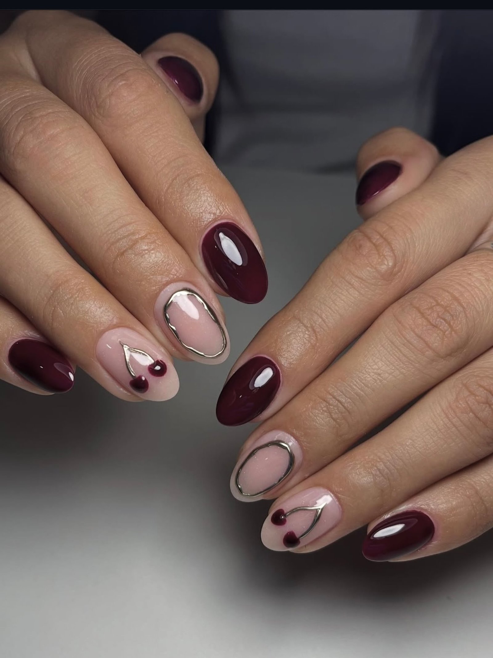 Burgundy and Nude Nails with Pink Floral Details — DcalHkdIfjeLynNails_Pontypridd.jpg