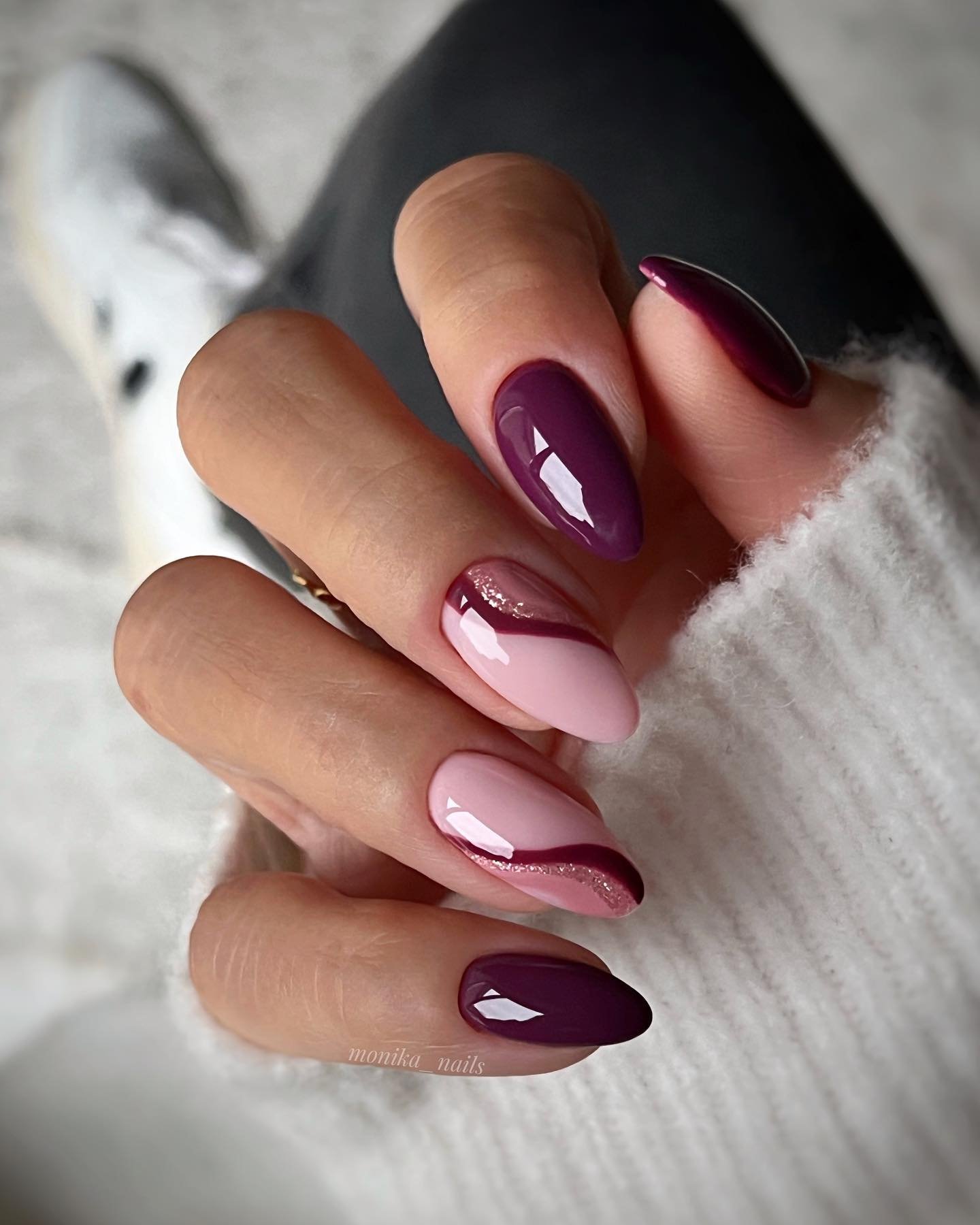 Burgundy and Pink Almond Nails with Tiny White Accents — CyAtBycsvjDMonika Mrózek.jpg