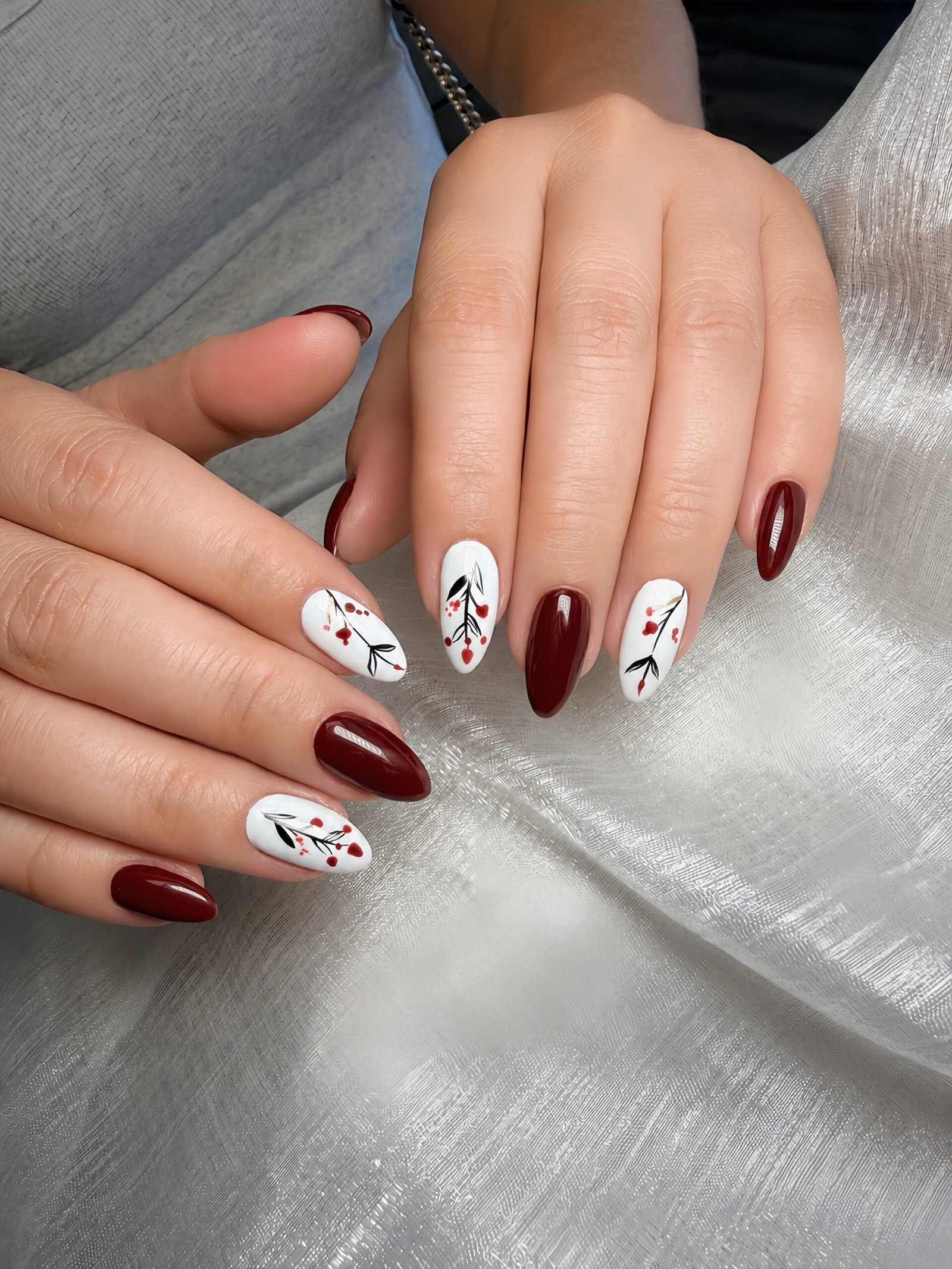 Burgundy and White Nails with Fine Red Line Details — DadgCrSO6dDDoki Doki Nail Salon.jpg