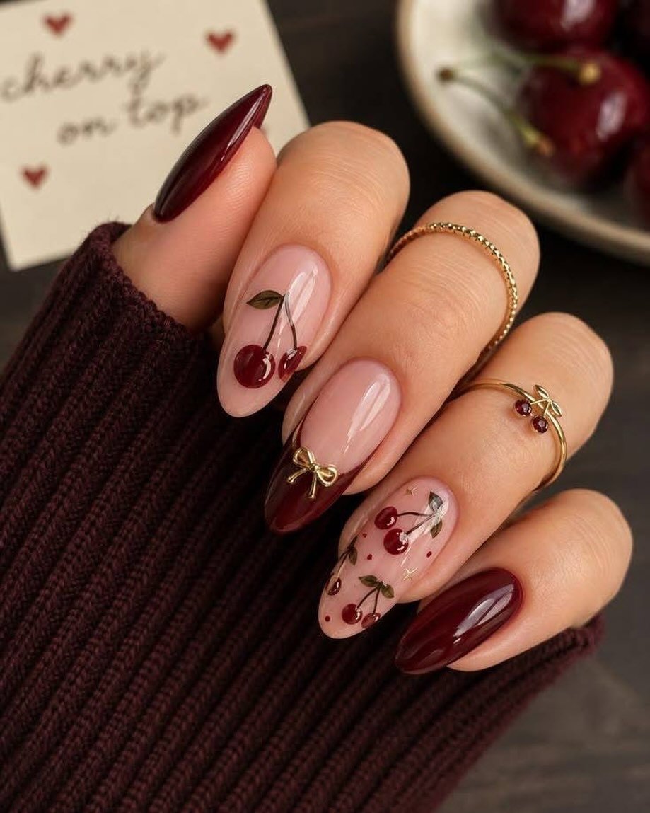 Burgundy and Pink Nails with Floral Accent Details — Da6eB_lvar5Kristal Nails & Beauty Mascot & Waterloo.jpg