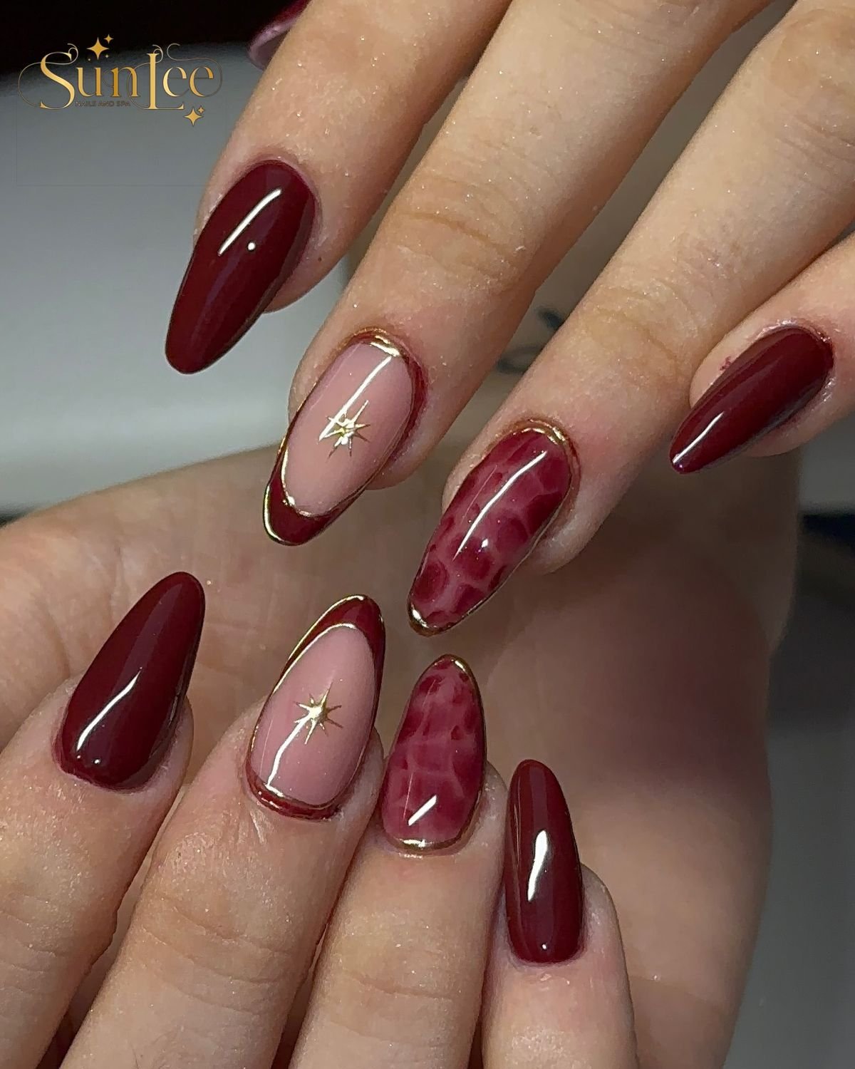 Burgundy, Pink, and Glitter Almond Nails — DQcKzGmDnJGSunLee Nails & Spa.jpg