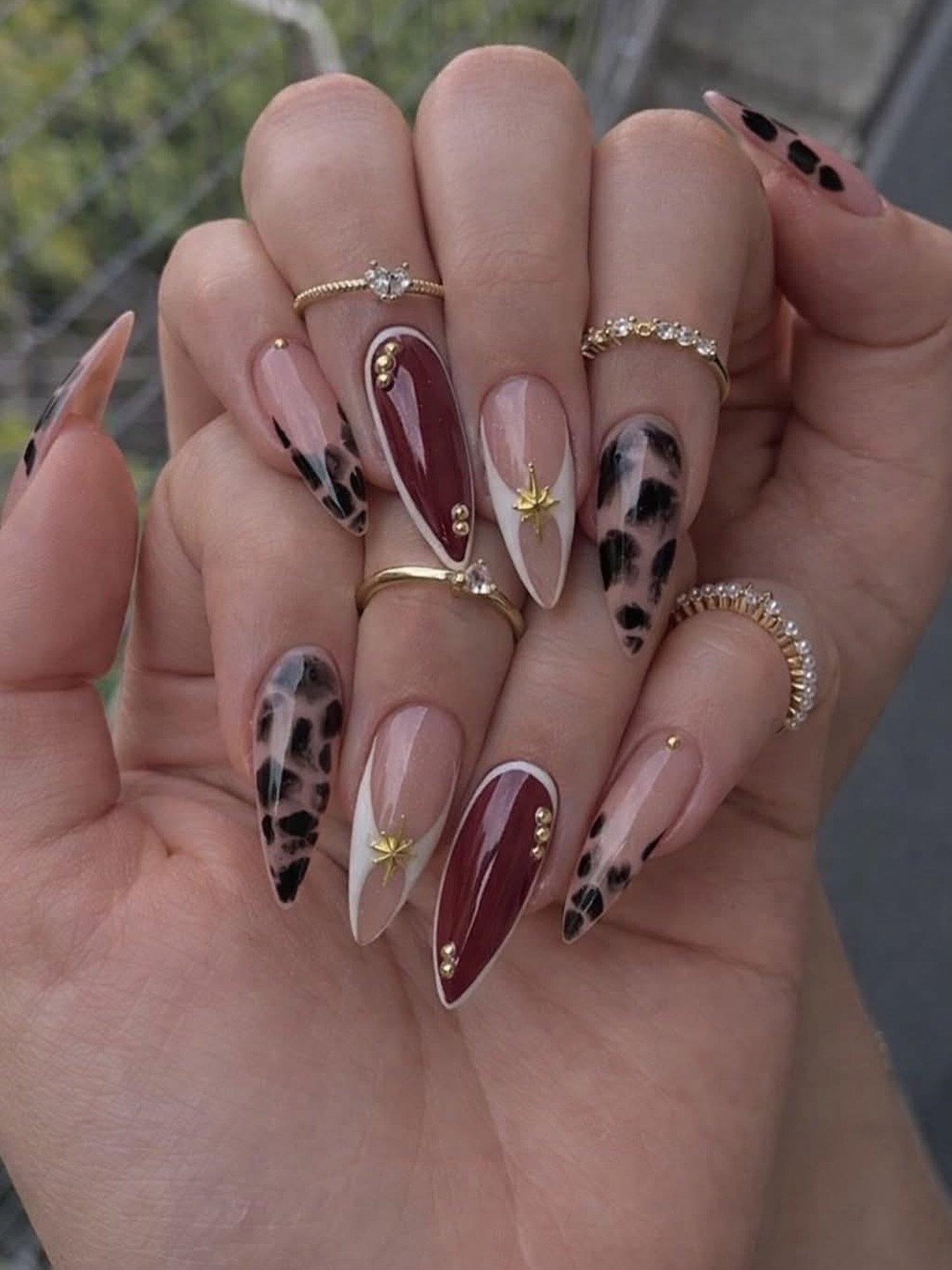 Burgundy and Nude Nails with Metallic Accents — Dc2eDUWOSfKLa Véna Nails.jpg