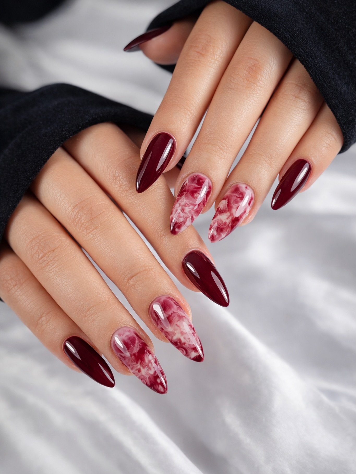Burgundy and Pink Almond Nails with Floral Details — DWjchhMjnNGRosegold Nail Spa.jpg