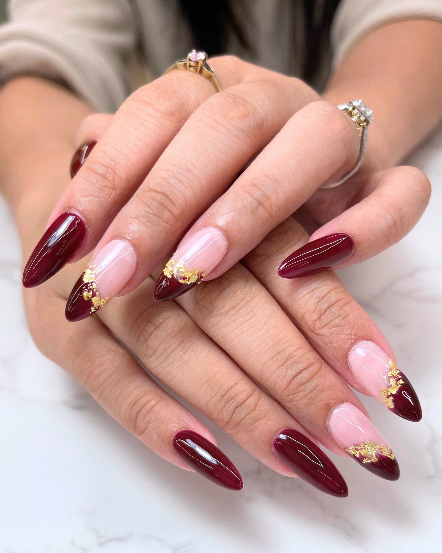 Burgundy, Pink, and Neutral Almond Nails — DPW1PIIDq5vSen Beauty Toronto Beauty Boutique & Nail Salon.jpg