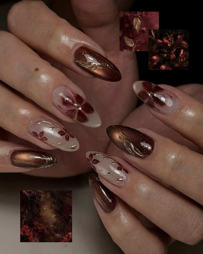 Long Almond Nails in Deep Brown with Tortoiseshell Accents