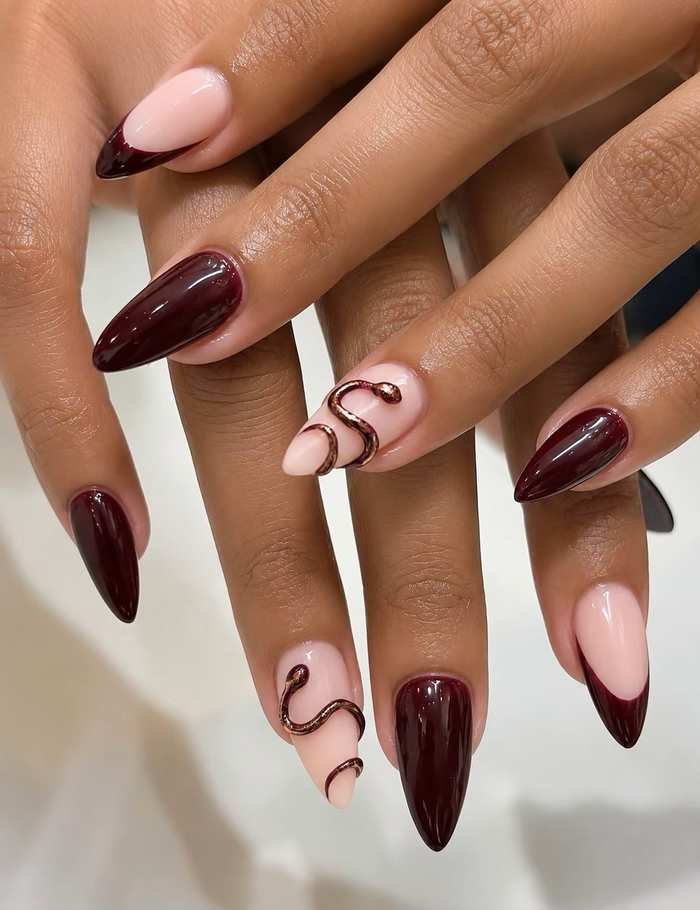 Burgundy Almond Nails with Curved Nude Linework