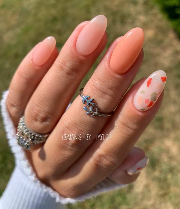 Soft Pink Almond Nails with a Bright Accent Nail