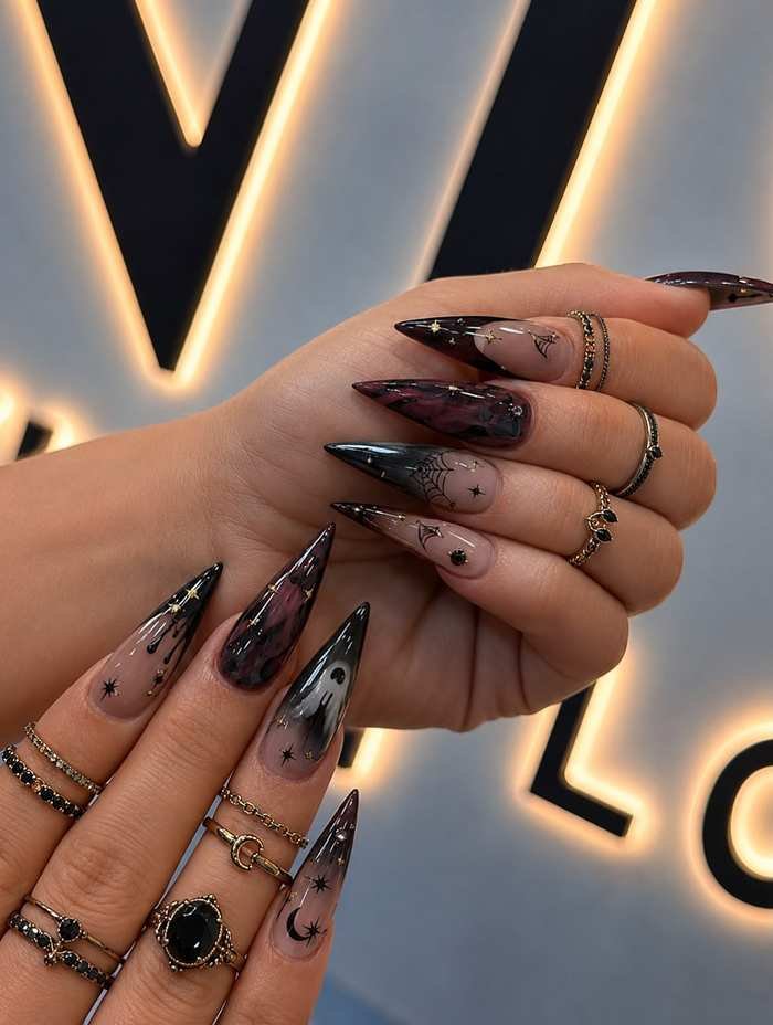 Long Dark Brown Stiletto Nails with Fine Line Details