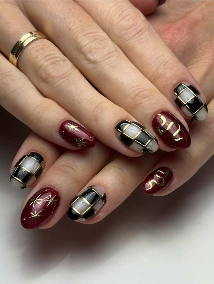 Burgundy Nails with Metallic Silver Block Accents