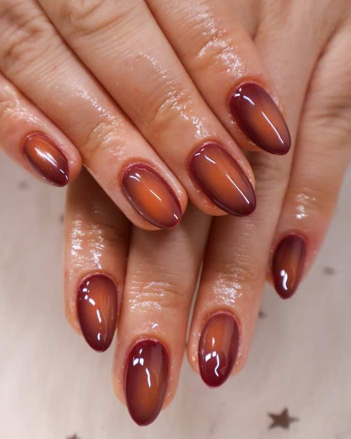 Glossy Burnt Orange Oval Nails
