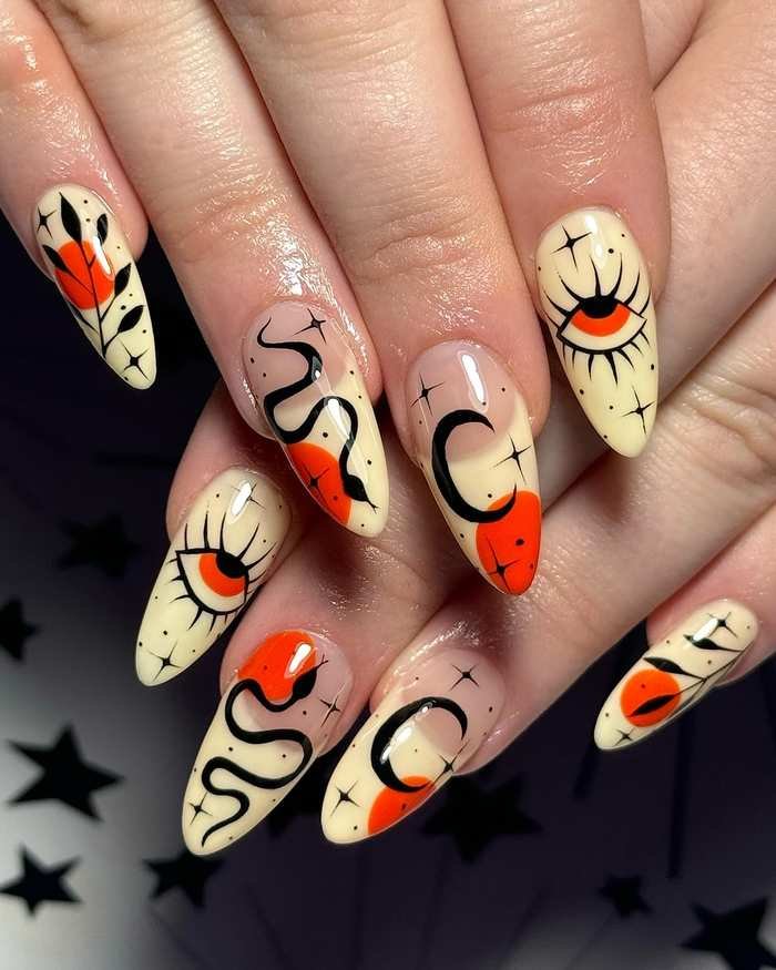 Cream Nails with Colorful Wavy and Graphic Details
