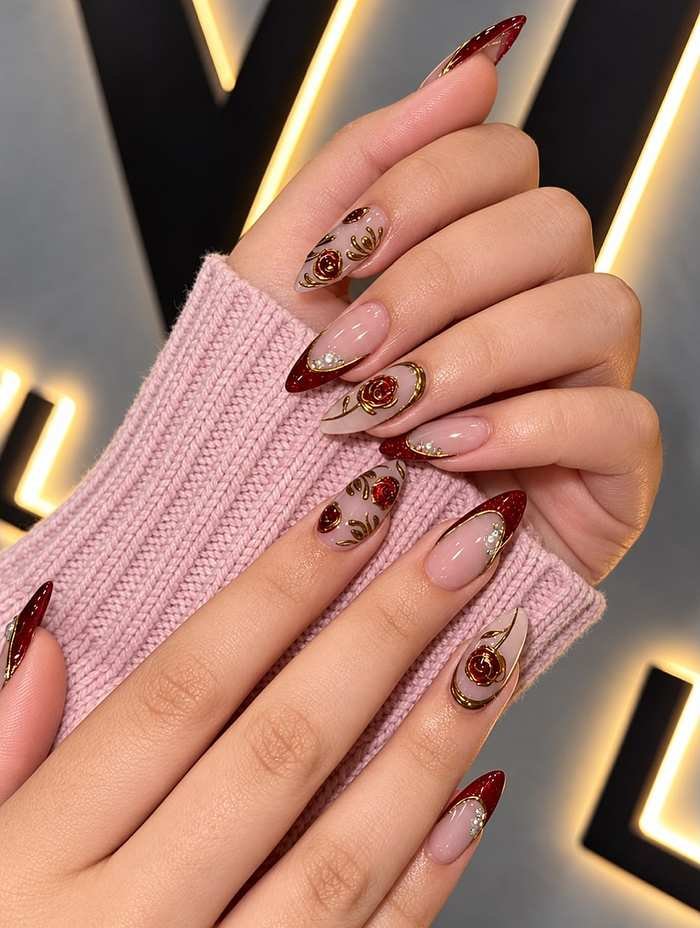 Long Nude Stiletto Nails with Tiny Gold Star Details