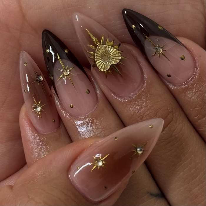 Long Sheer Nude Nails with Dark Brown and Gold Linework