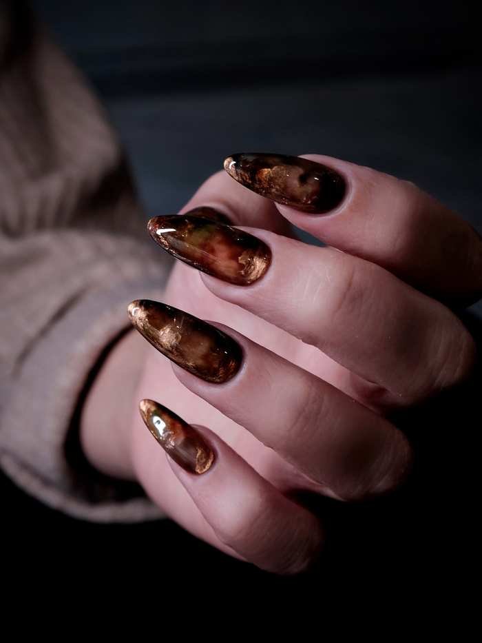 Long Dark Nails with Brown Tortoiseshell Accents