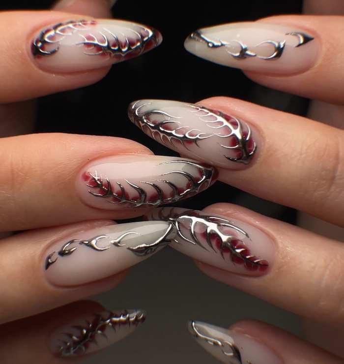 Cream Almond Nails with Dark Brown Curved Linework