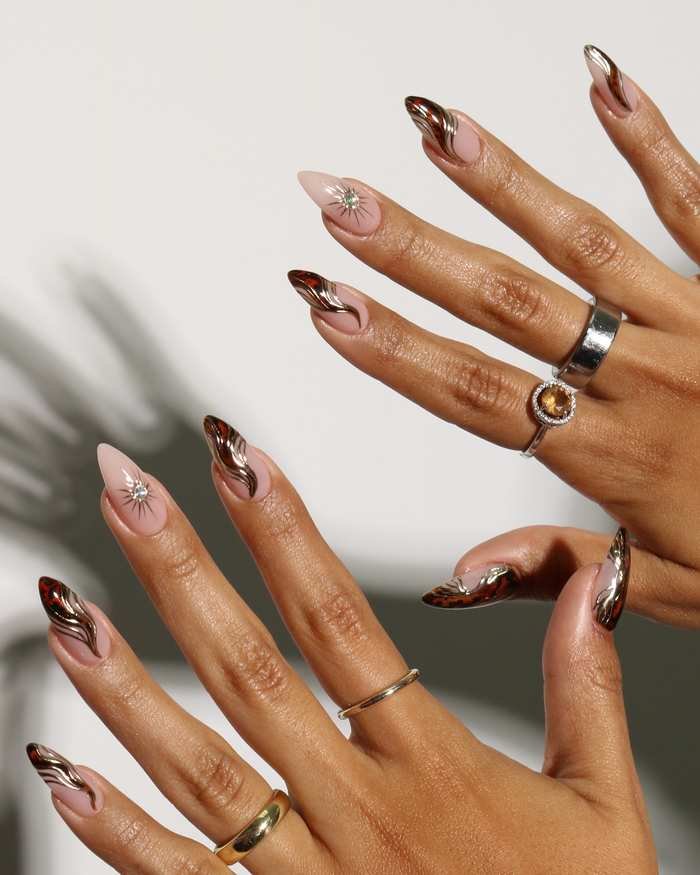 Long Almond Nails with Brown and Metallic Gold Details