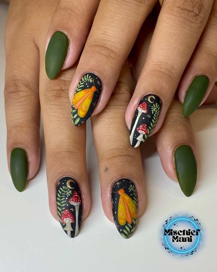 Green Almond Nails with Colorful Floral and Graphic Accents