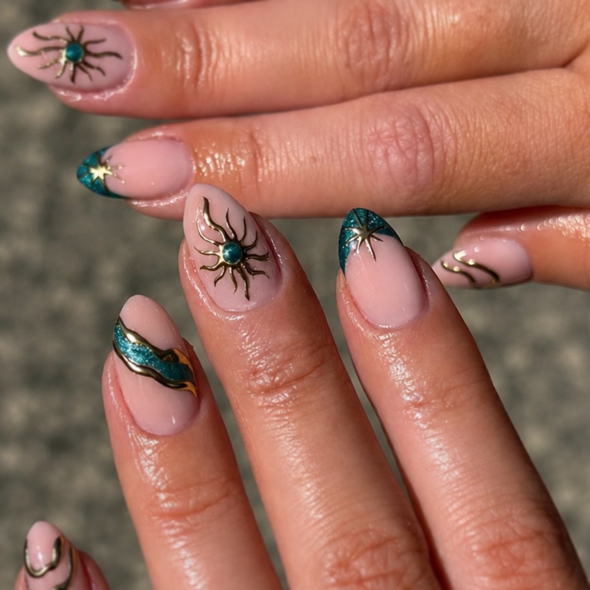 Blush Nails with Teal French Tips and Black Starbursts — Da3T186odX9SKIN REJUVENATION SPECIALIST & TRAINER.jpg