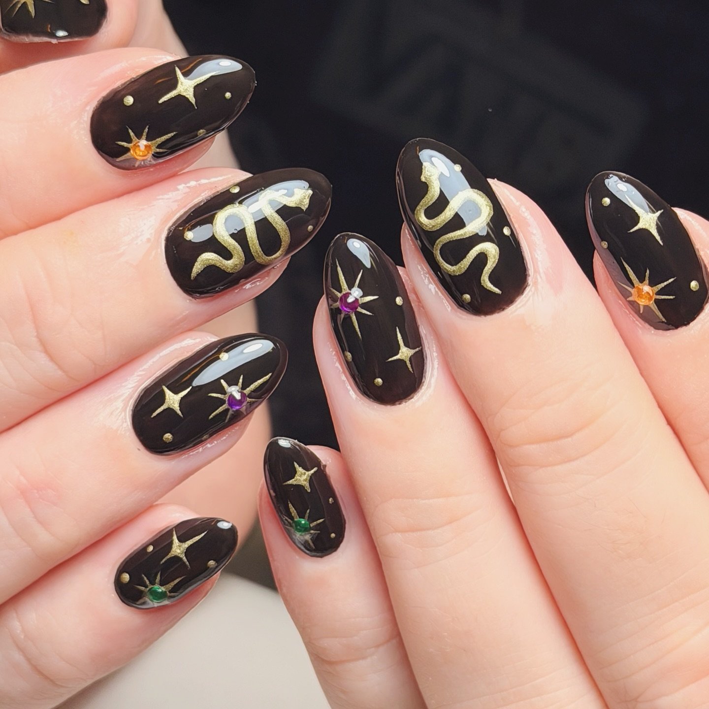 Black Almond Nails with Gold Stars and White Swirls — DQHhDtbjKd3_byclarice.jpg