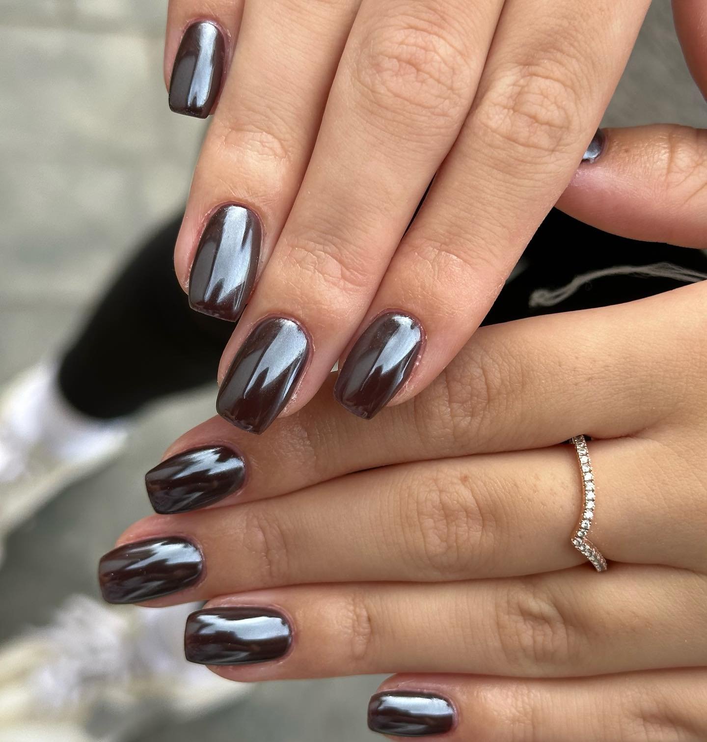 Short Squoval Chocolate Chrome with Bright Reflective Highlights