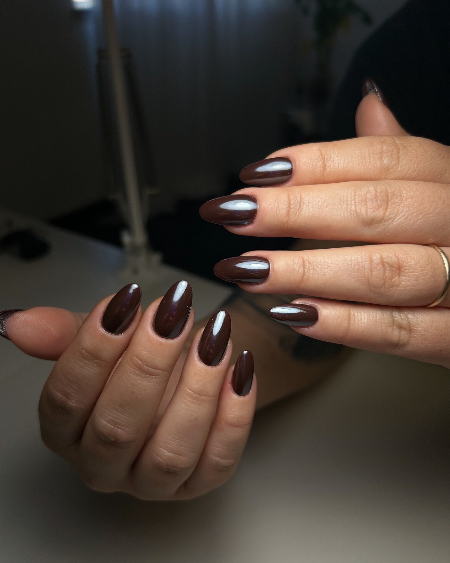Long Almond Glossy Dark Chocolate Chrome