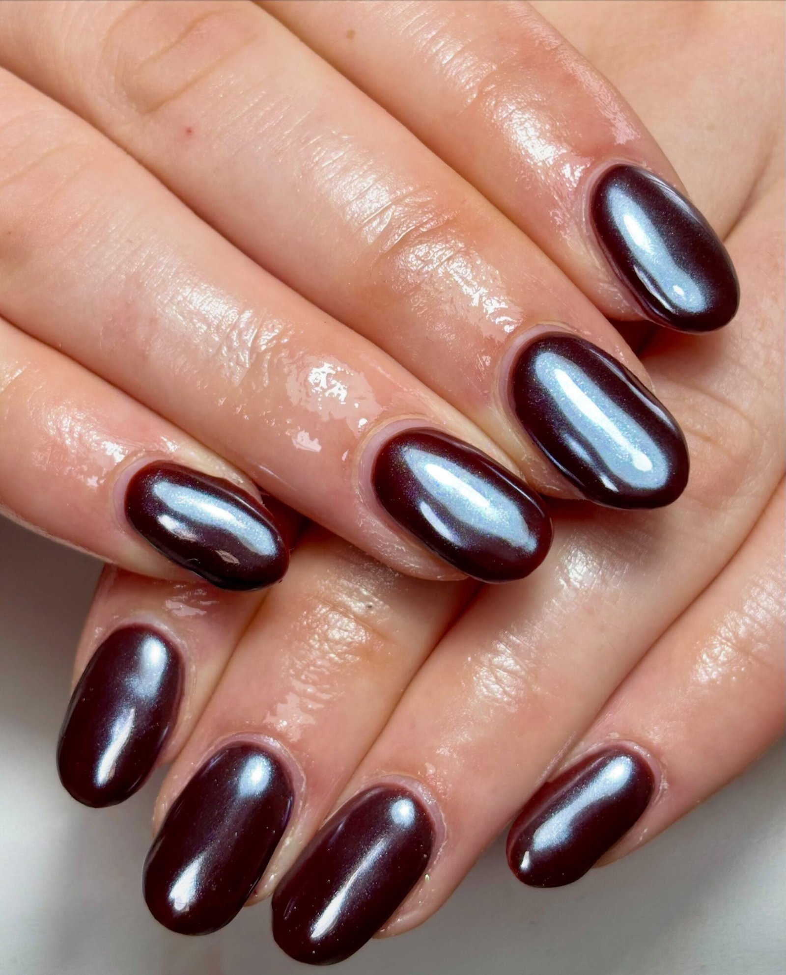 Medium Almond Deep Brown Chrome Nails