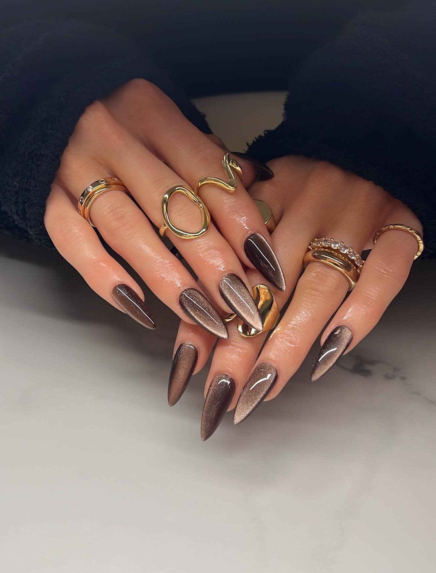 Long Almond Shimmering Brown Chrome