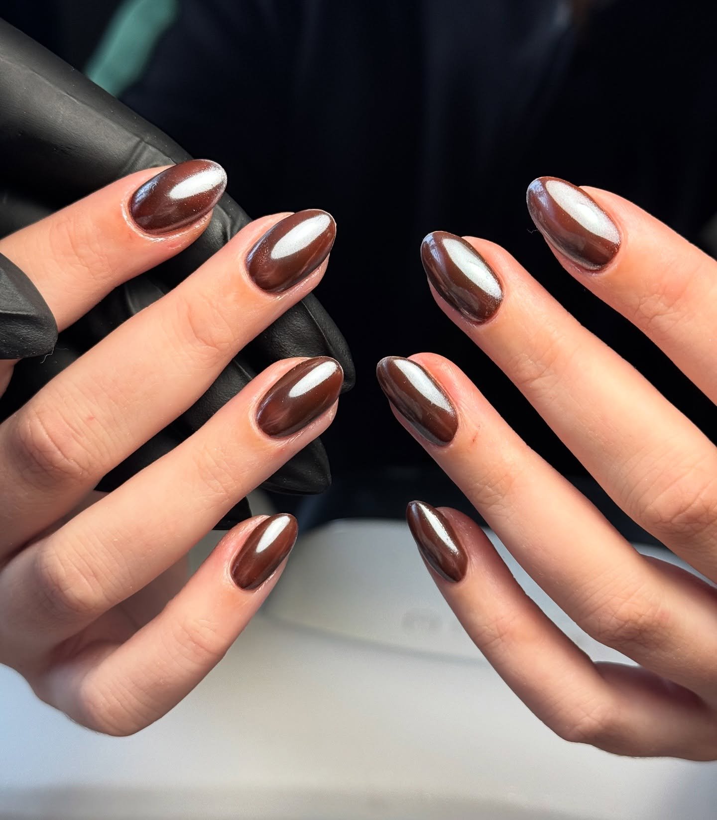Short-to-Medium Almond Deep Plum-Brown Chrome