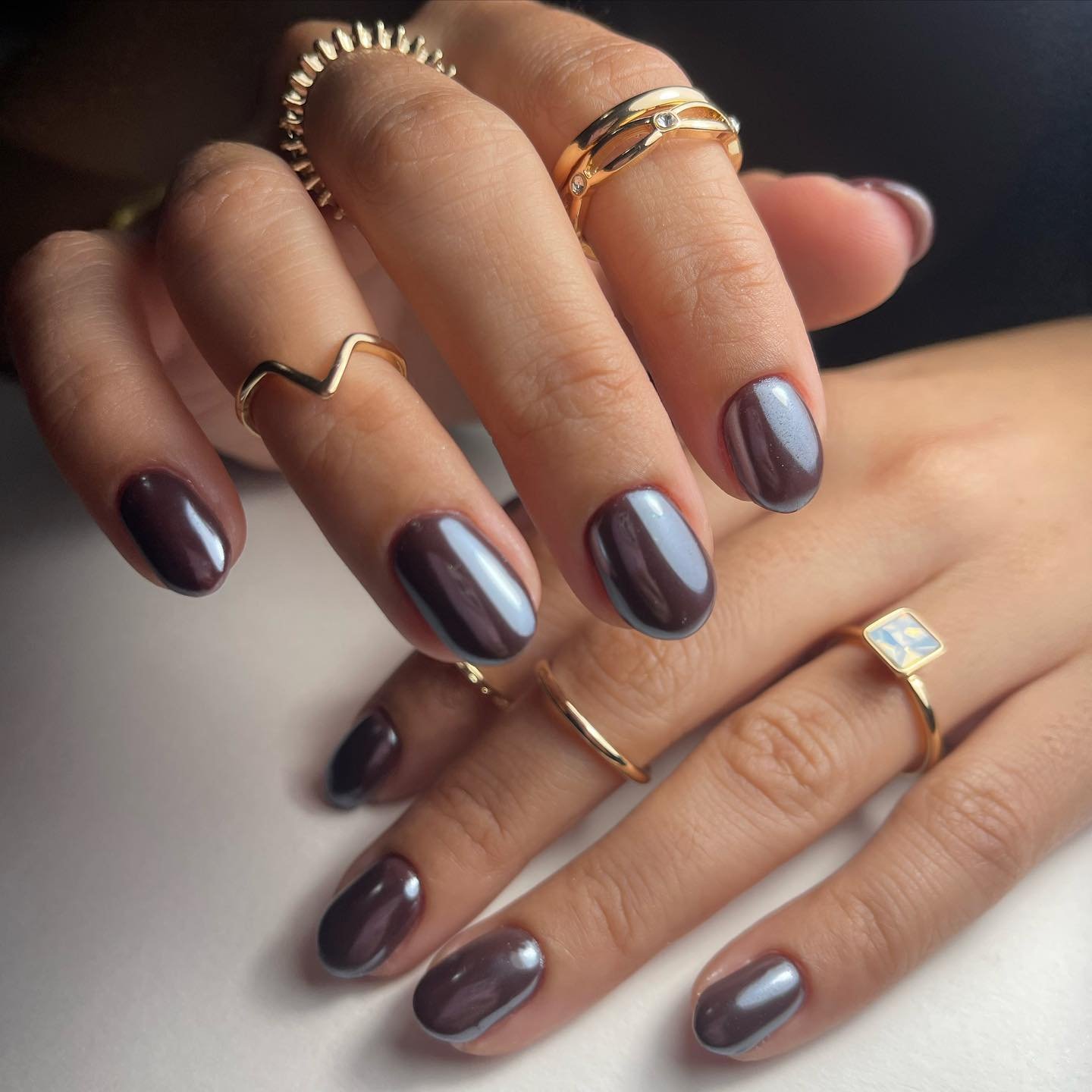 Long Almond Nude Nails with Chocolate Chrome Tips