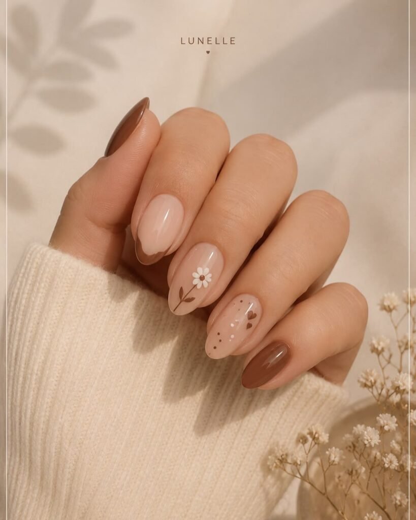 Medium almond-shaped nails have a soft nude base, chocolate-brown French tips, and small white floral accents on select nails.