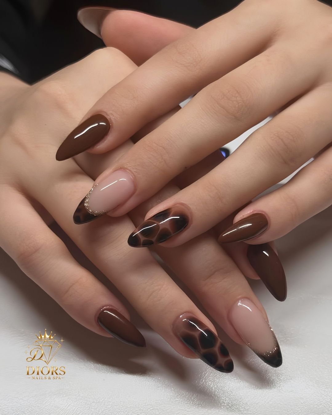 Long almond nails feature glossy chocolate-brown and nude tones with tortoiseshell-style accent tips.