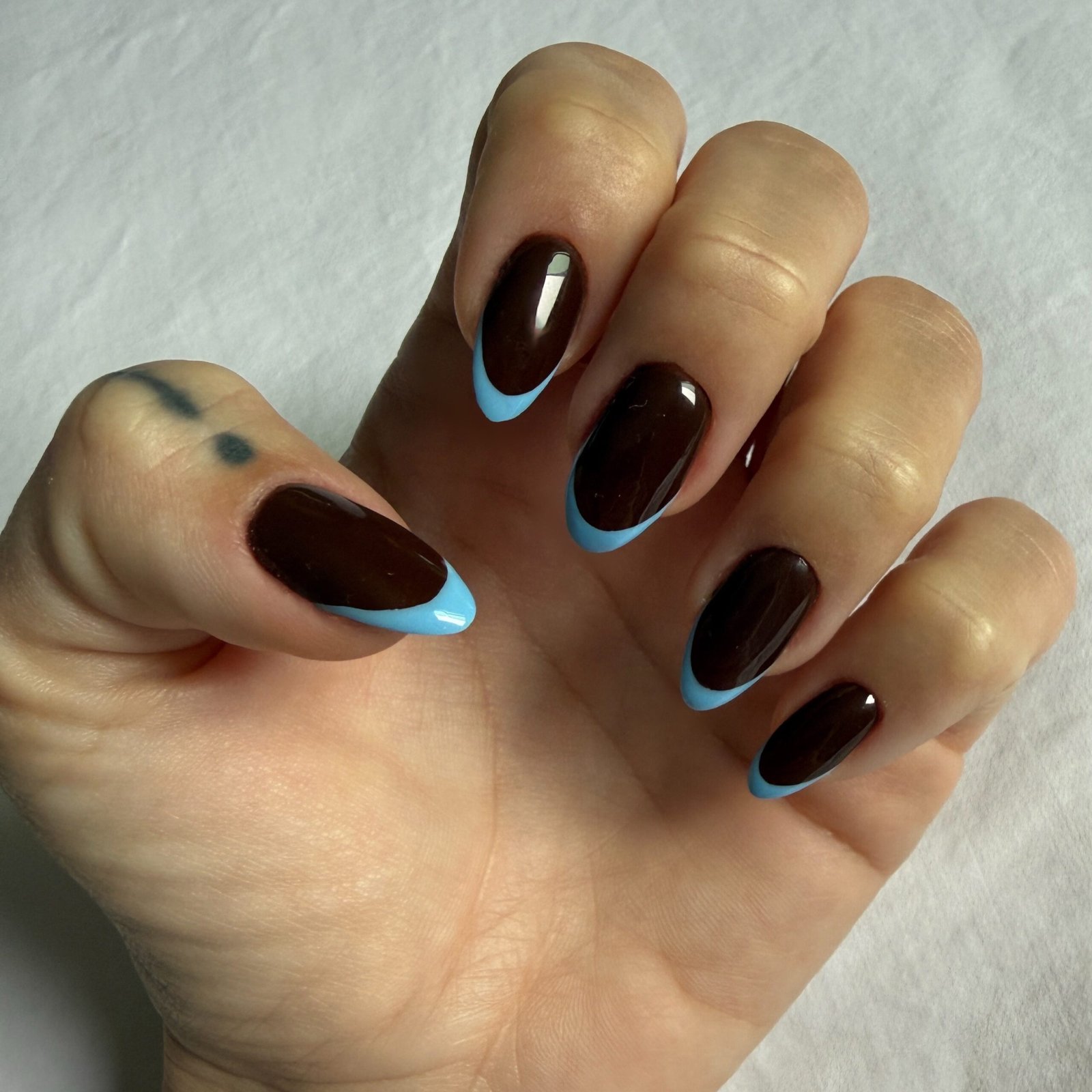 Short rounded almond nails are deep chocolate brown with bright blue French edging along the tips.