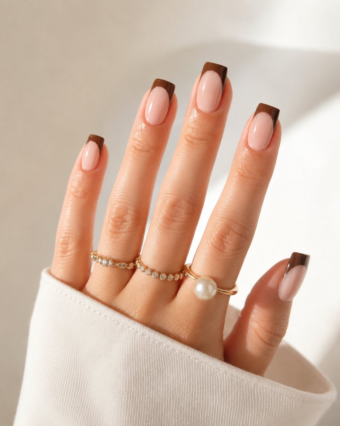 Long square nails feature a clean nude base finished with dark chocolate-brown French tips.