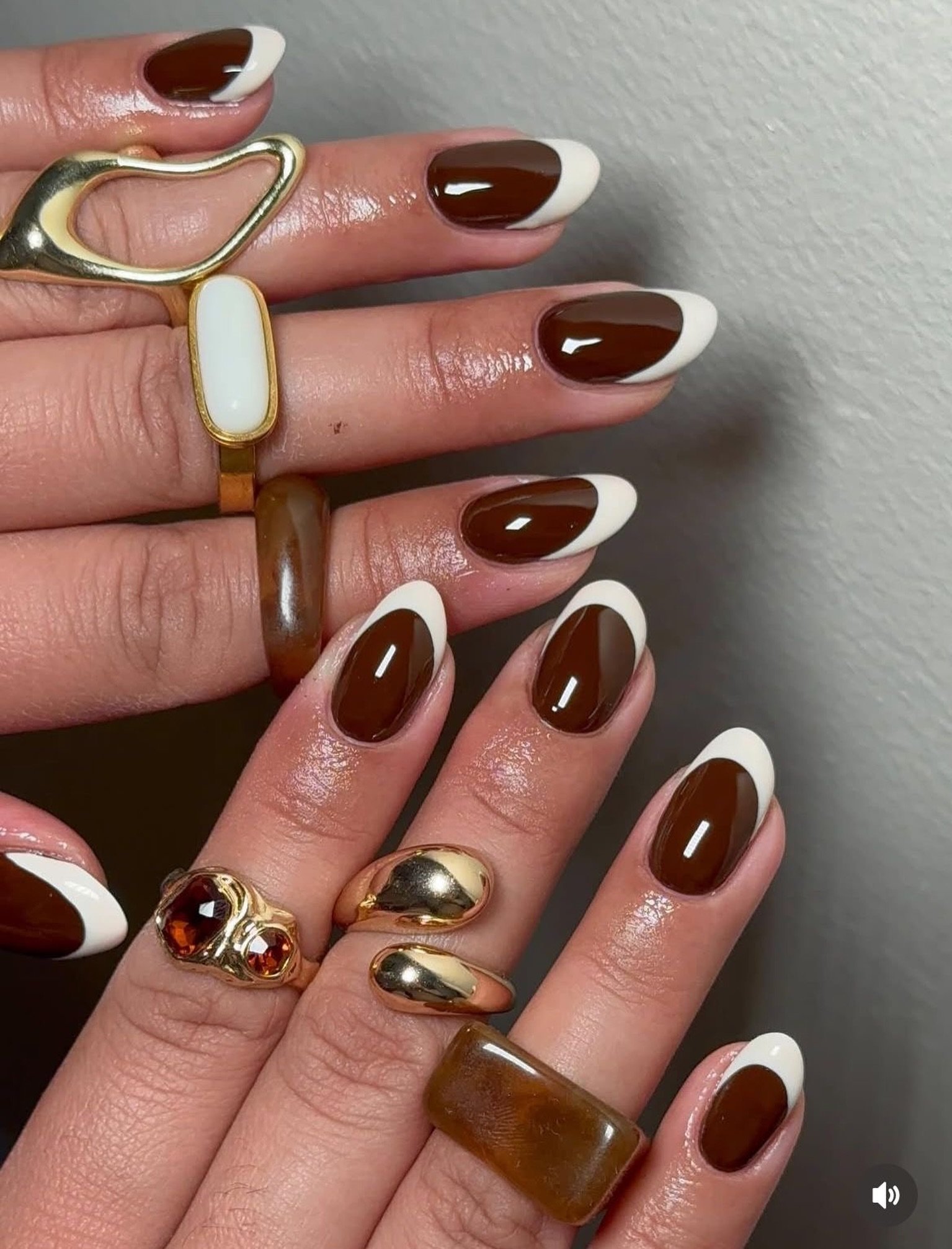 Long almond nails pair nude-pink bases and chocolate-brown French tips with prominent gold-toned decorative charms.
