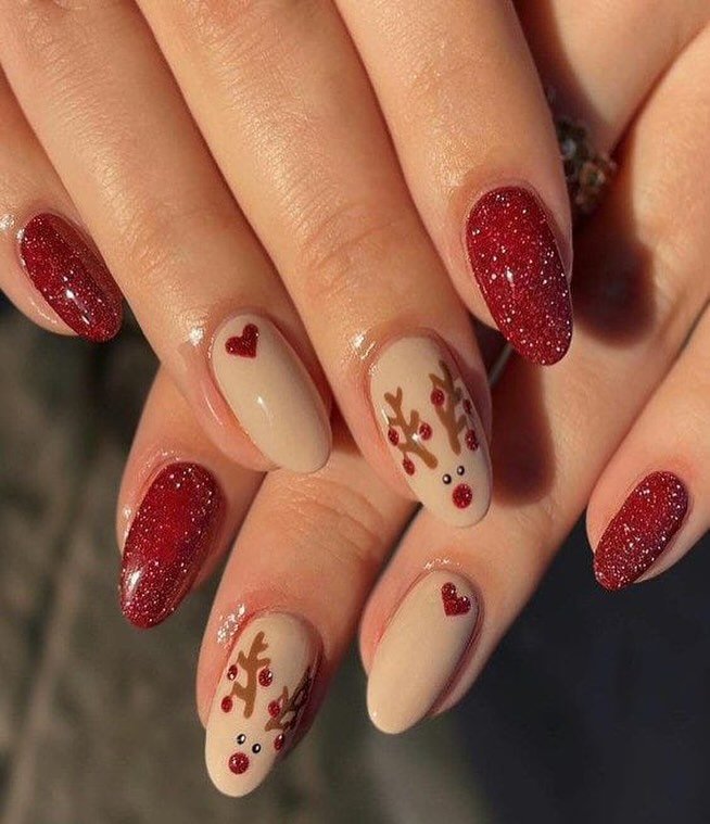 Short Almond Nails with Red Glitter and Christmas Accent Art