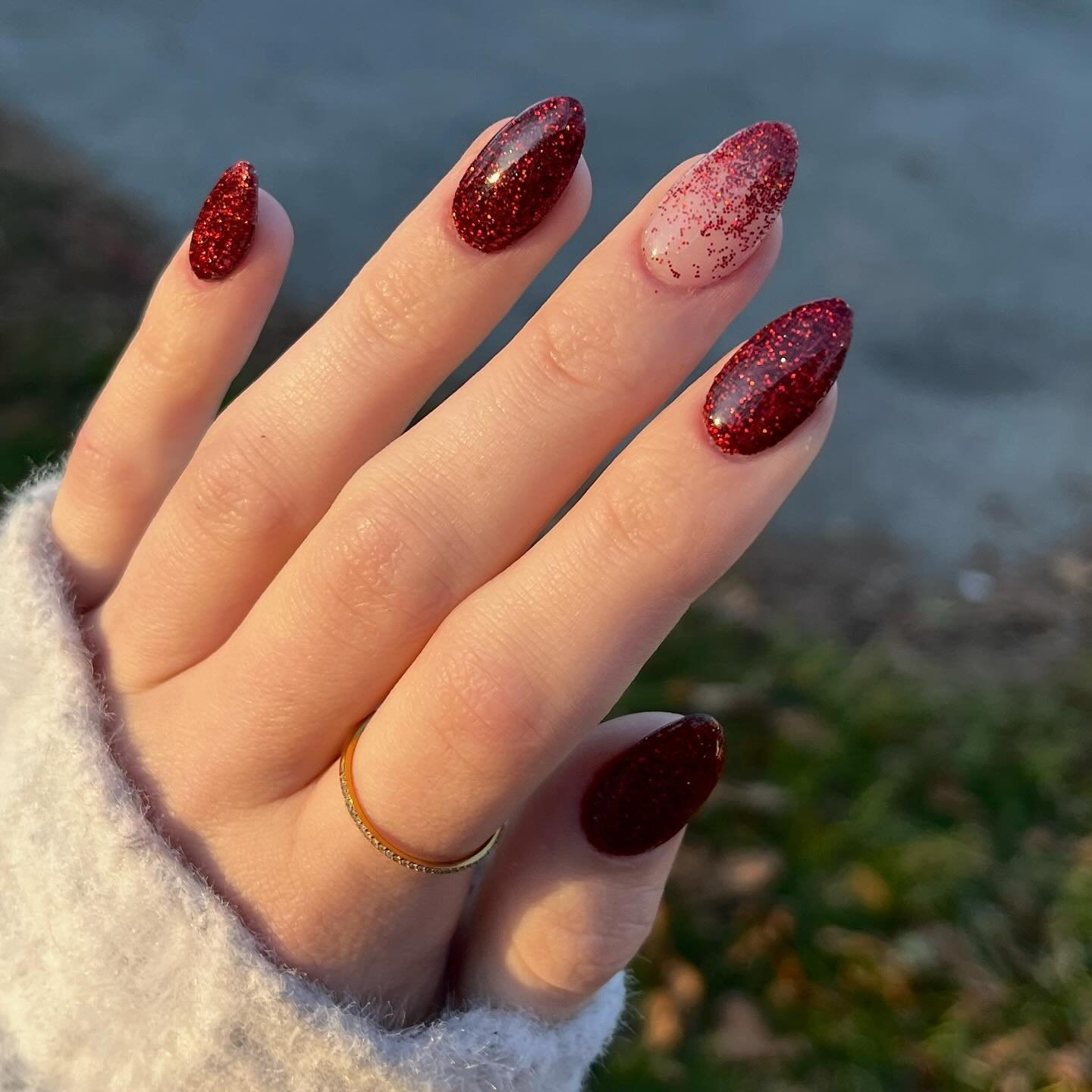 Long Almond Nails in Burgundy Glitter with a Pink Glitter Accent