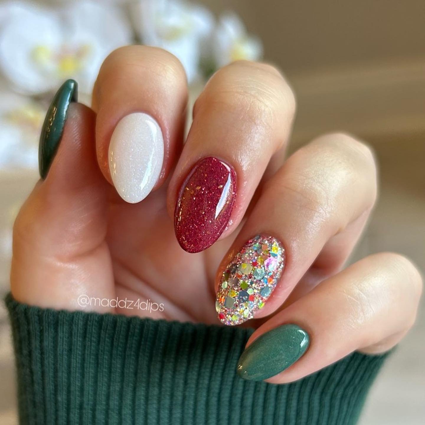White, Burgundy, Green and Multicolor Glitter Dip Nails