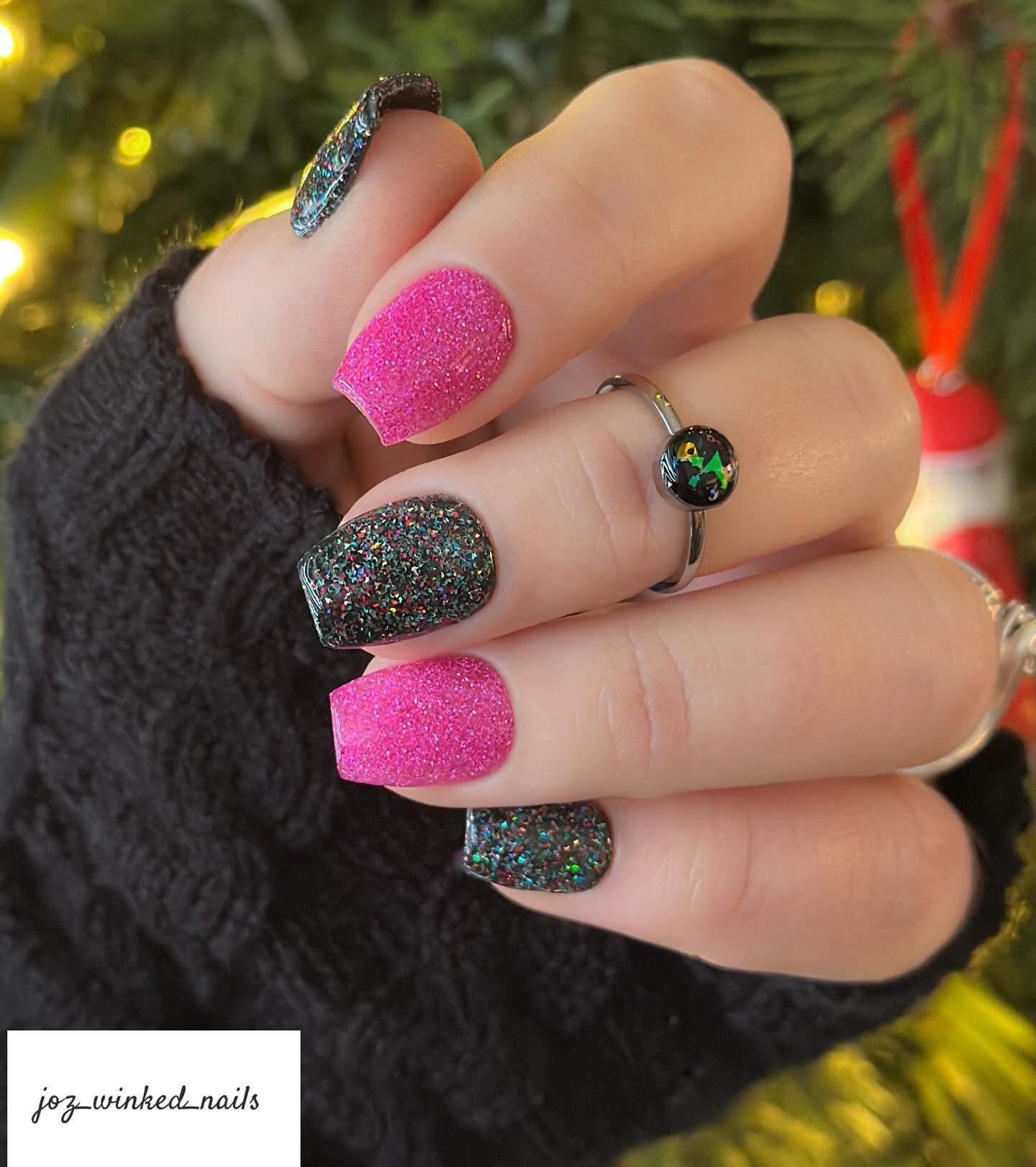 Pink, Black Glitter and Green Mix-and-Match Holiday Nails