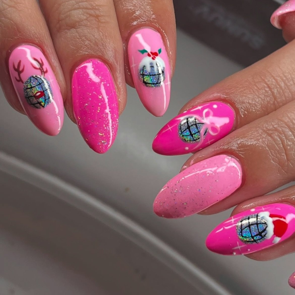 Bright Pink Nails with Mini Christmas Gift and Ornament Details