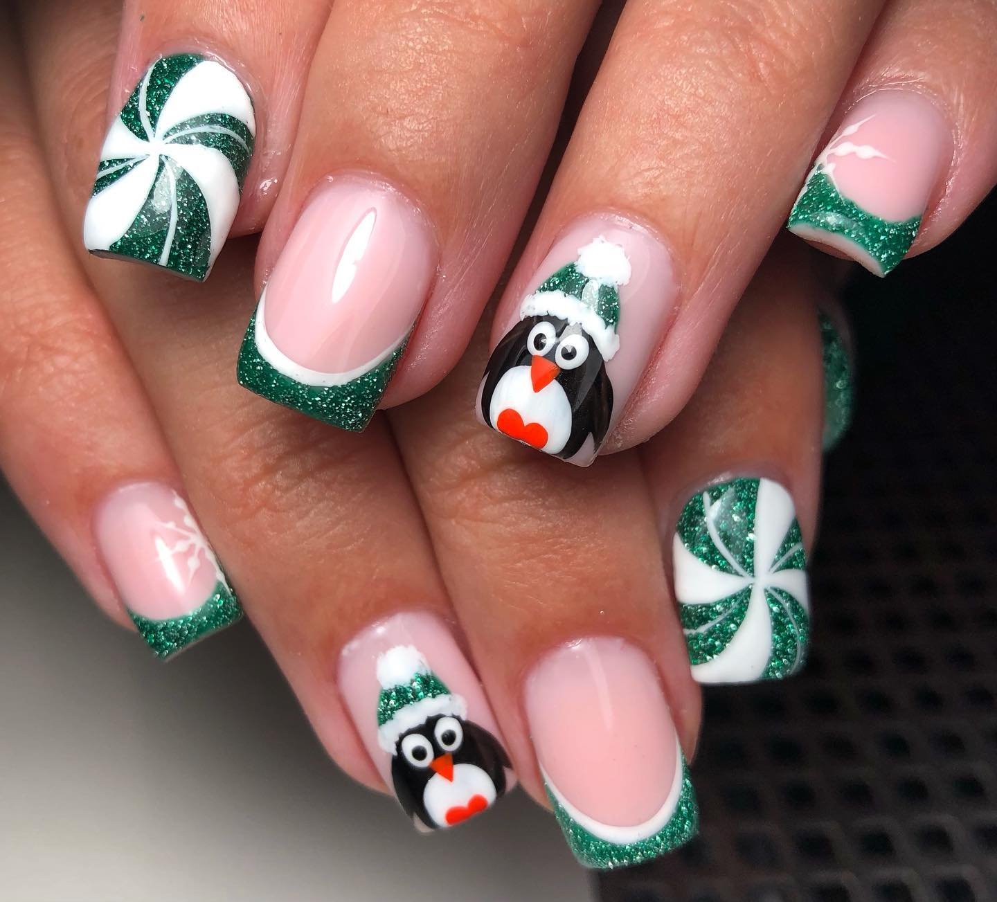 Pink and Green French Tips with Peppermint and Character Accents