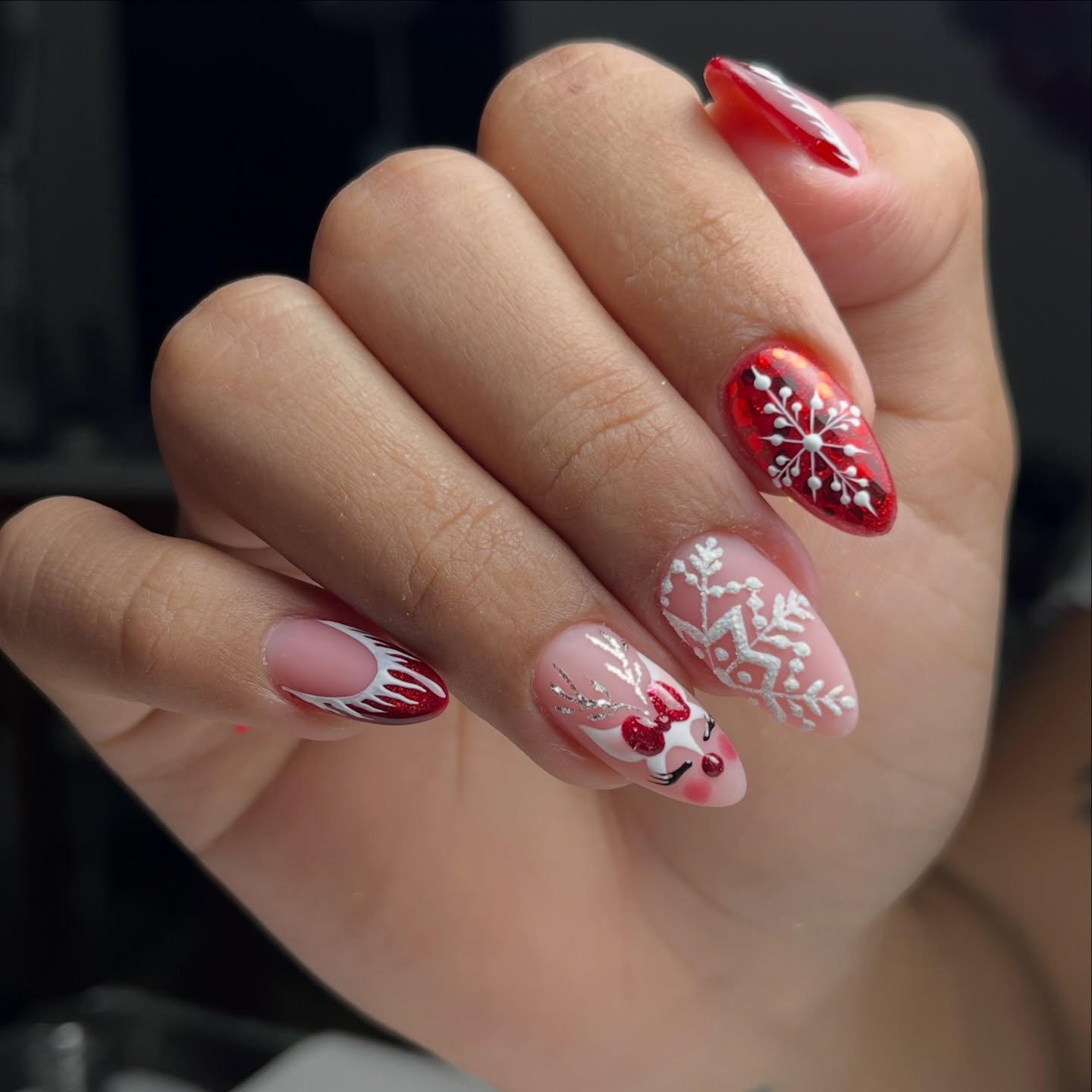 Red and Nude Christmas Nails with Snowflakes and Sweater Patterns