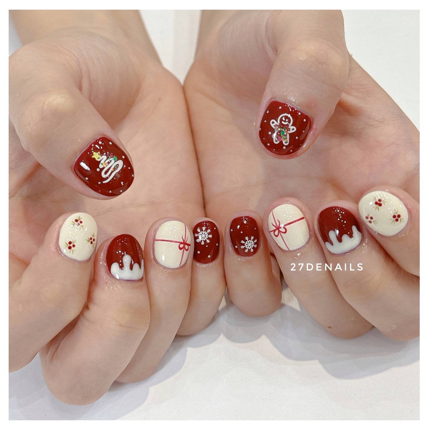 Red and Cream Christmas Nails with Tiny Holiday Motifs