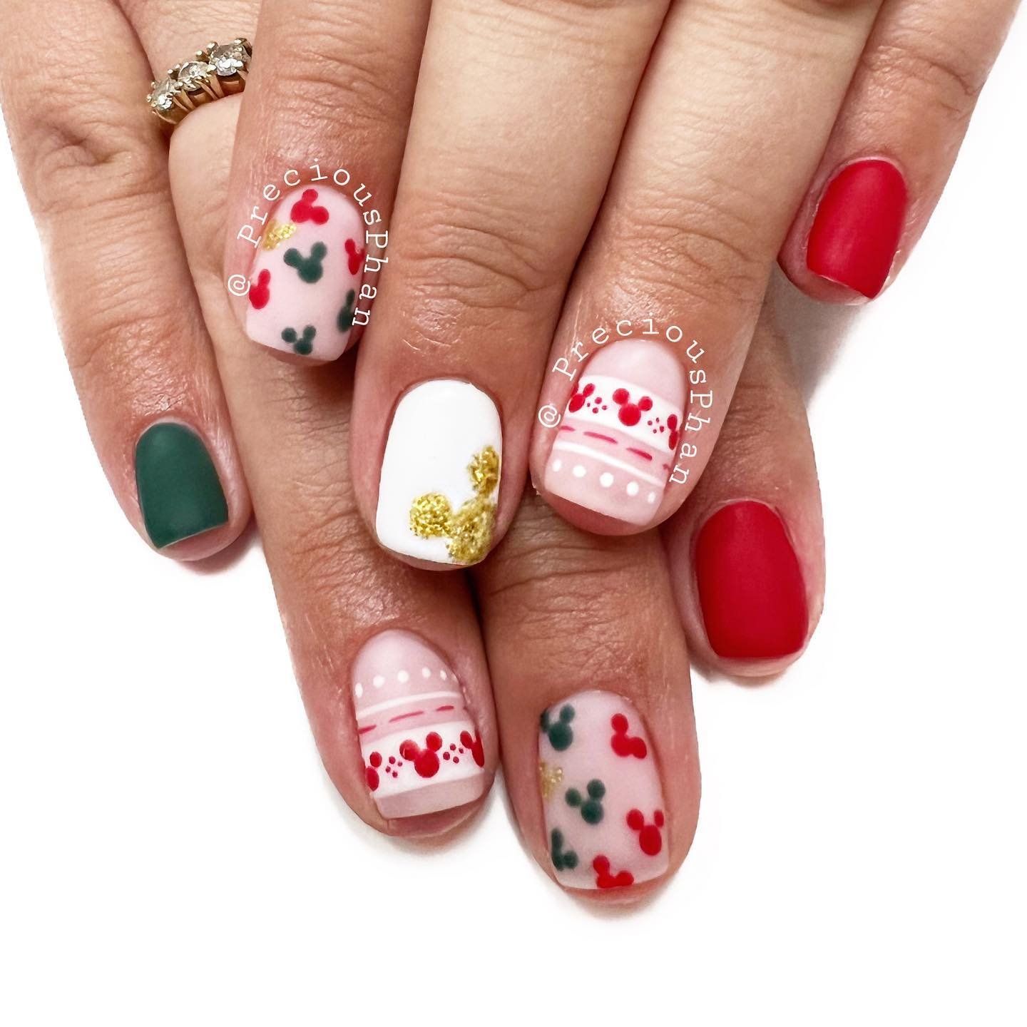 Long Red French Tips with White Snowflake and Ornament Details