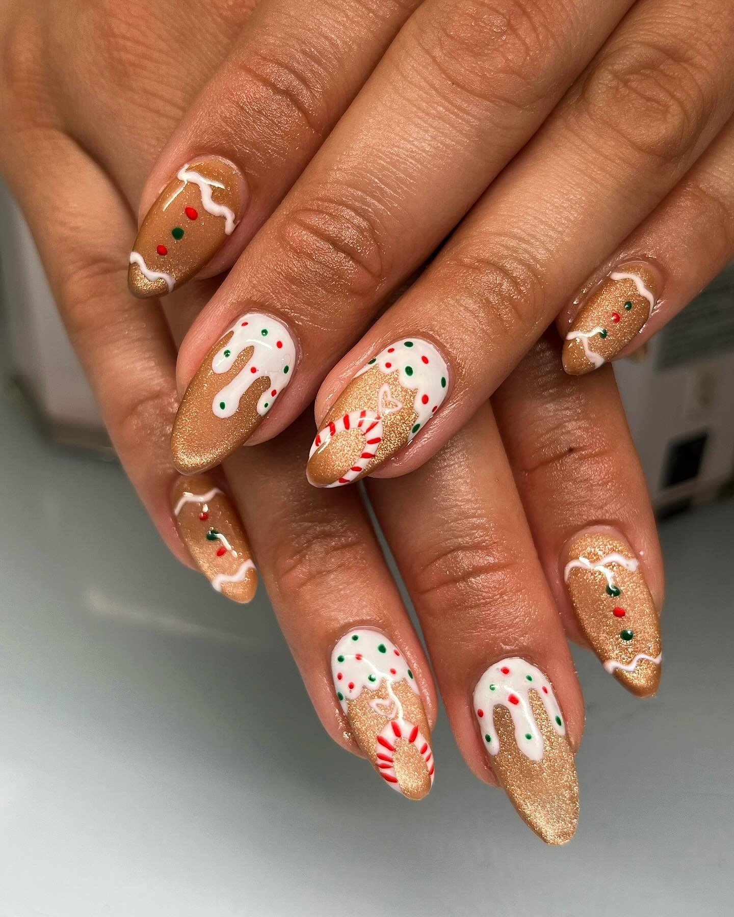 Sheer Nude Nails with Green and Red Christmas Motifs