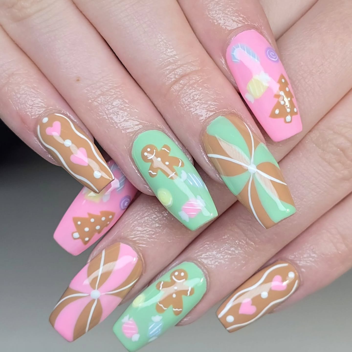 White Christmas Nails with Greenery and Red Berry Details