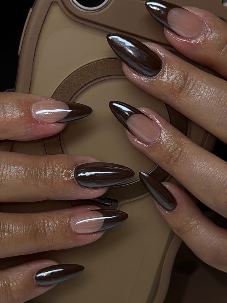 Glossy Brown and Nude Almond Ombre Nails